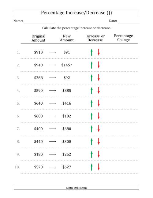 The Percentage Increase or Decrease of Whole Dollar Amounts with 5 Percent Intervals (J) Math Worksheet