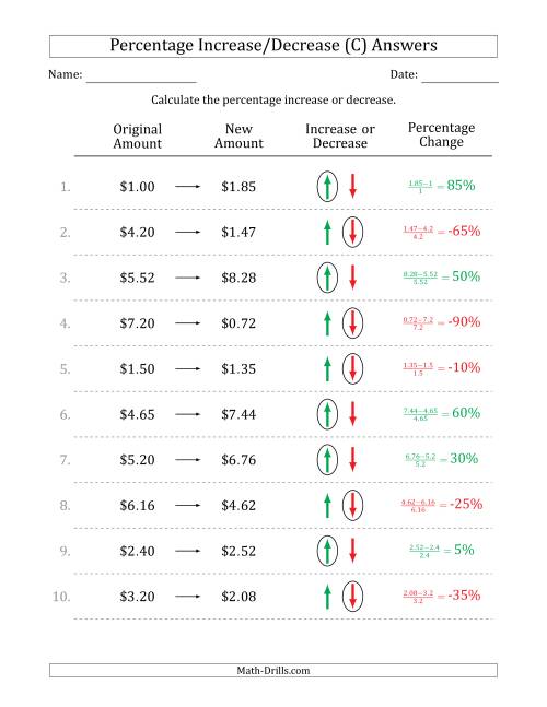 The Percentage Increase or Decrease of Decimal Dollar Amounts with 5 Percent Intervals (C) Math Worksheet Page 2