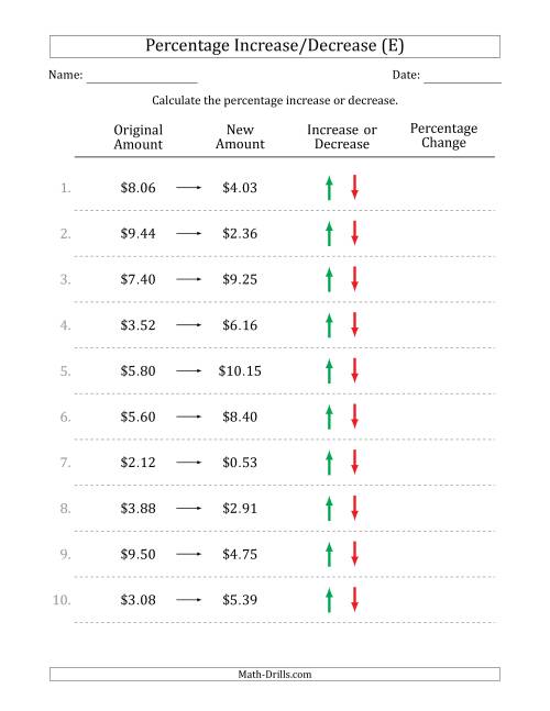 The Percentage Increase or Decrease of Decimal Dollar Amounts with 25 Percent Intervals (E) Math Worksheet