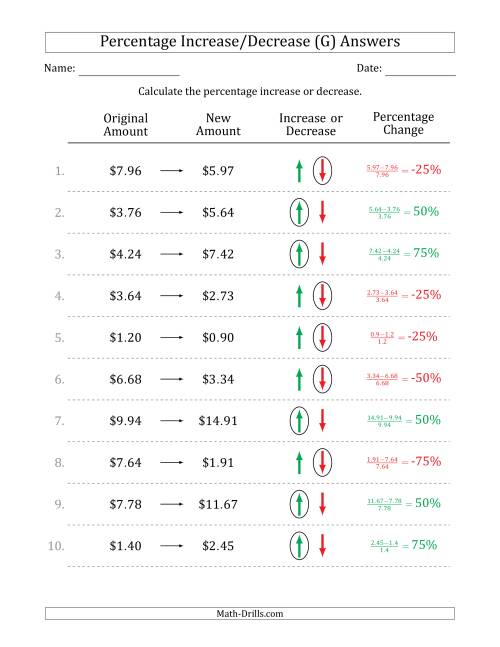 The Percentage Increase or Decrease of Decimal Dollar Amounts with 25 Percent Intervals (G) Math Worksheet Page 2