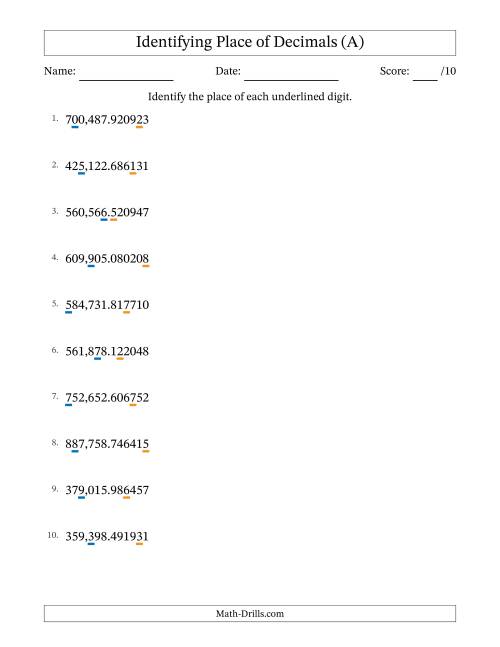 The Identifying Place of Decimal Numbers from Millionths to Hundred Thousands (A) Math Worksheet