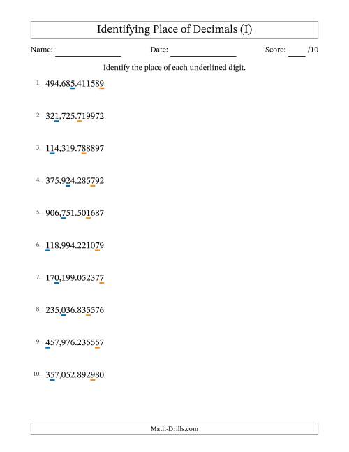 The Identifying Place of Decimal Numbers from Millionths to Hundred Thousands (I) Math Worksheet