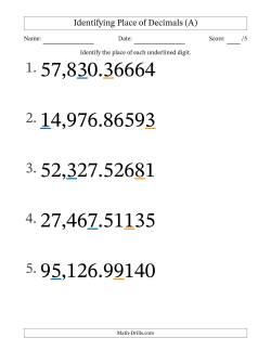 Identifying Place of Decimal Numbers from Hundred Thousandths to Ten Thousands (Large Print)