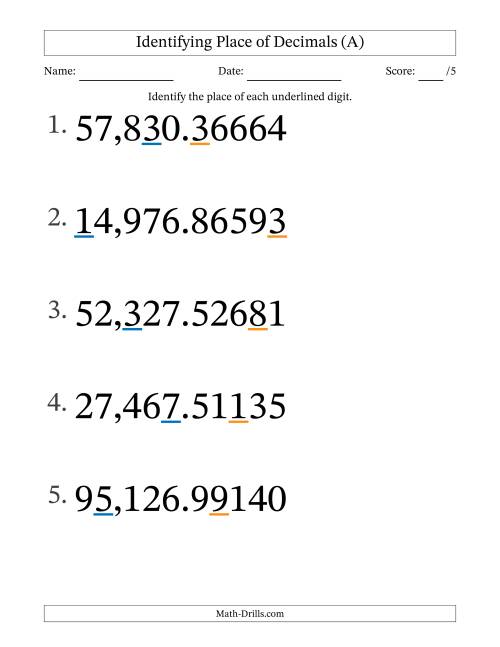 The Identifying Place of Decimal Numbers from Hundred Thousandths to Ten Thousands (Large Print) (A) Math Worksheet
