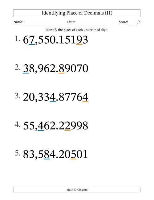 The Identifying Place of Decimal Numbers from Hundred Thousandths to Ten Thousands (Large Print) (H) Math Worksheet