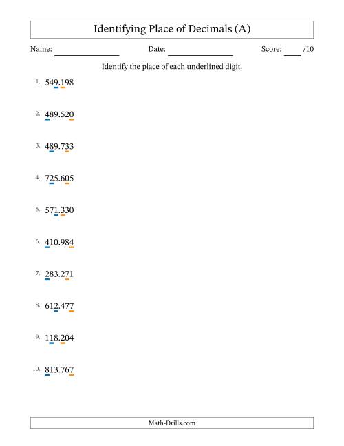 The Identifying Place of Decimal Numbers from Thousandths to Hundreds (A) Math Worksheet