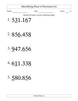Identifying Place of Decimal Numbers from Thousandths to Hundreds (Large Print)