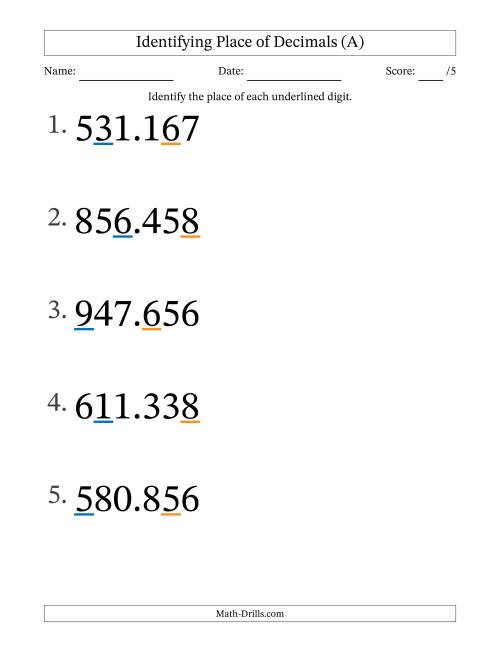 The Identifying Place of Decimal Numbers from Thousandths to Hundreds (Large Print) (All) Math Worksheet