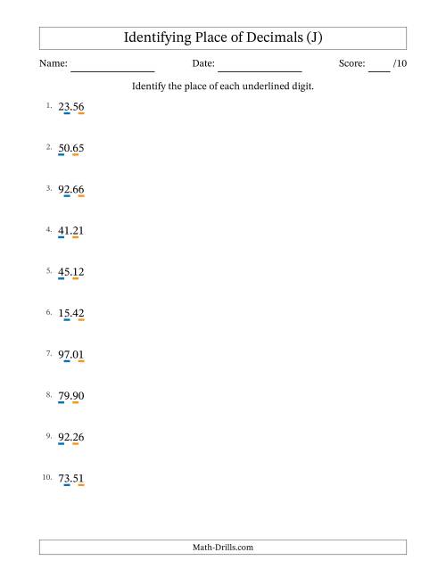The Identifying Place of Decimal Numbers from Hundredths to Tens (J) Math Worksheet