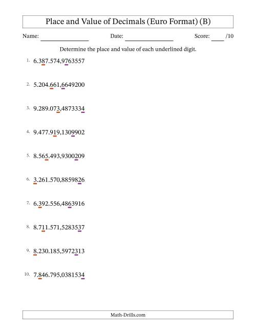 The Euro Format Determining Place and Value of Decimal Numbers from Ten Millionths to Millions (B) Math Worksheet
