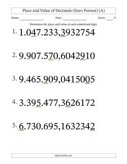 Euro Format Determining Place and Value of Decimal Numbers from Ten Millionths to Millions (Large Print)