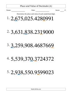 Determining Place and Value of Decimal Numbers from Ten Millionths to Millions (Large Print)