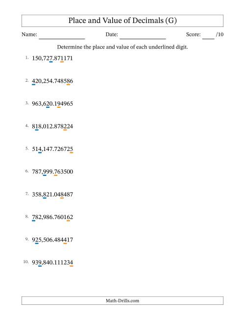 Determining Place And Value Of Decimal Numbers From Millionths To Hundred Thousands G 