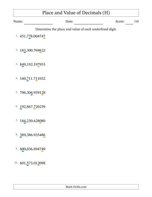 The Determining Place and Value of Decimal Numbers from Millionths to Hundred Thousands (H) Math Worksheet