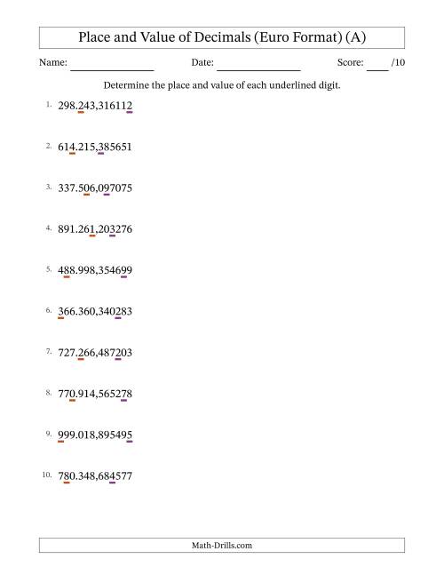 The Euro Format Determining Place and Value of Decimal Numbers from Millionths to Hundred Thousands (A) Math Worksheet