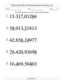 Euro Format Determining Place and Value of Decimal Numbers from Hundred Thousandths to Ten Thousands (Large Print)