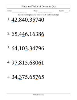 Determining Place and Value of Decimal Numbers from Hundred Thousandths to Ten Thousands (Large Print)