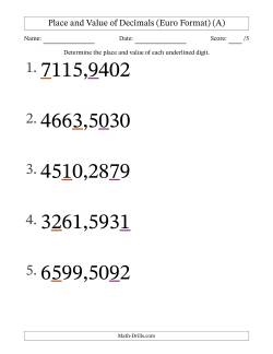 Euro Format Determining Place and Value of Decimal Numbers from Ten Thousandths to Thousands (Large Print)