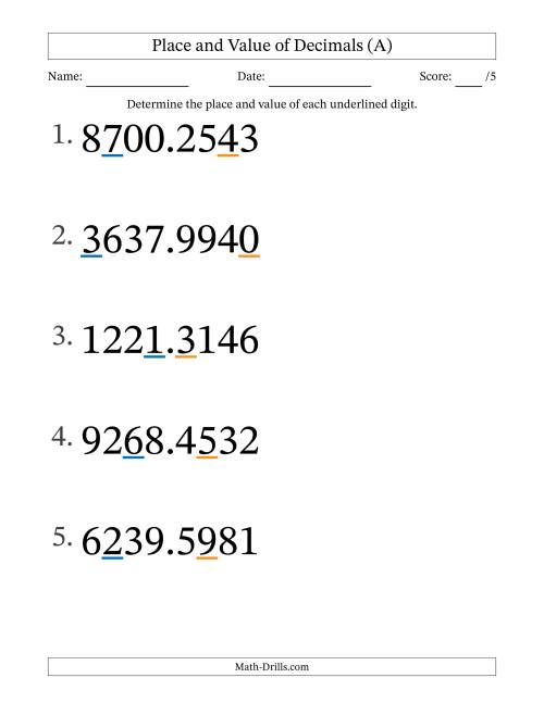 The Determining Place and Value of Decimal Numbers from Ten Thousandths to Thousands (Large Print) (A) Math Worksheet