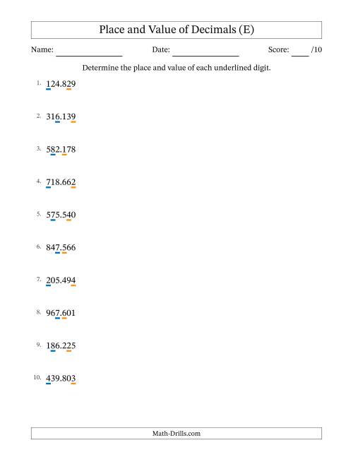 The Determining Place and Value of Decimal Numbers from Thousandths to Hundreds (E) Math Worksheet