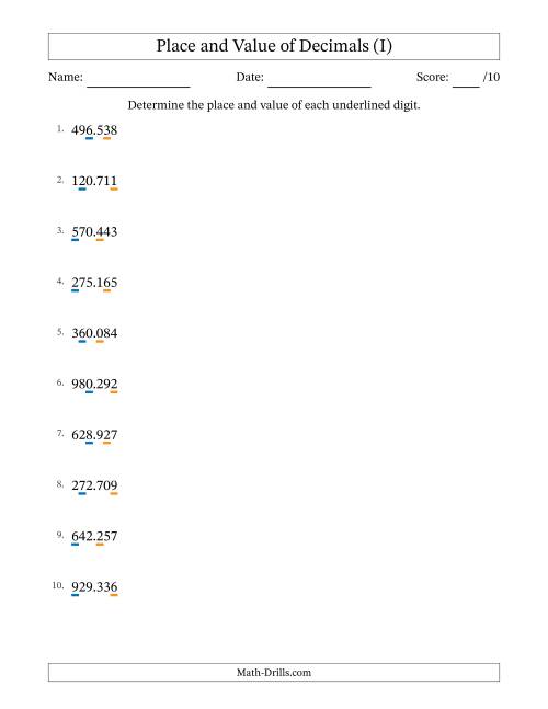 The Determining Place and Value of Decimal Numbers from Thousandths to Hundreds (I) Math Worksheet