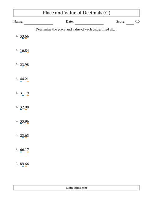 The Determining Place and Value of Decimal Numbers from Hundredths to Tens (C) Math Worksheet