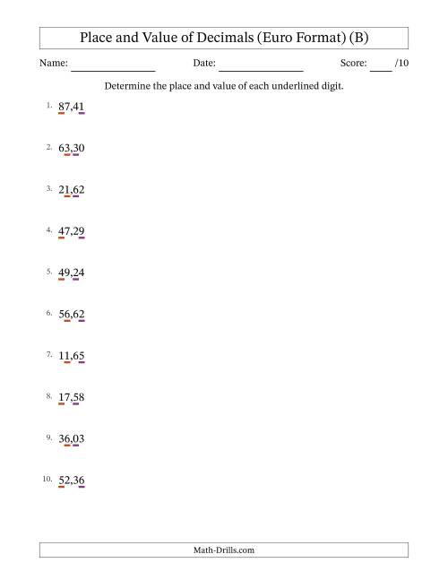 The Euro Format Determining Place and Value of Decimal Numbers from Hundredths to Tens (B) Math Worksheet
