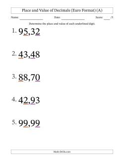 Euro Format Determining Place and Value of Decimal Numbers from Hundredths to Tens (Large Print)