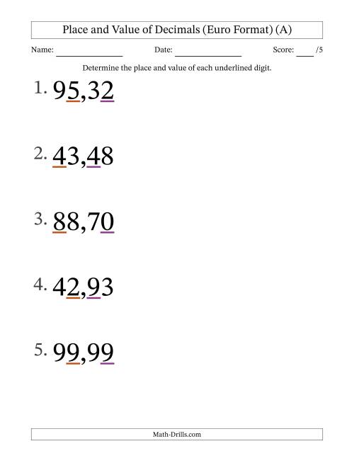 The Euro Format Determining Place and Value of Decimal Numbers from Hundredths to Tens (Large Print) (A) Math Worksheet