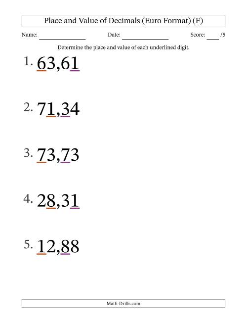 The Euro Format Determining Place and Value of Decimal Numbers from Hundredths to Tens (Large Print) (F) Math Worksheet