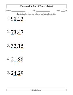 Determining Place and Value of Decimal Numbers from Hundredths to Tens (Large Print)