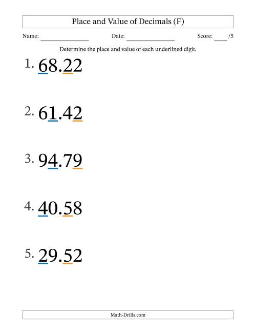The Determining Place and Value of Decimal Numbers from Hundredths to Tens (Large Print) (F) Math Worksheet