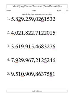 Euro Format Identifying Place of Decimal Numbers from Ten Millionths to Millions (Large Print)