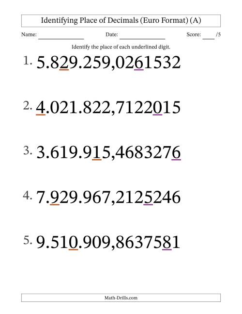 The Euro Format Identifying Place of Decimal Numbers from Ten Millionths to Millions (Large Print) (A) Math Worksheet