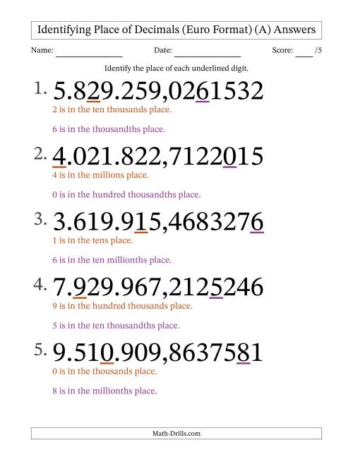The Euro Format Identifying Place of Decimal Numbers from Ten Millionths to Millions (Large Print) (A) Math Worksheet Page 2