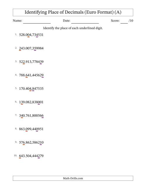 The Euro Format Identifying Place of Decimal Numbers from Millionths to Hundred Thousands (A) Math Worksheet
