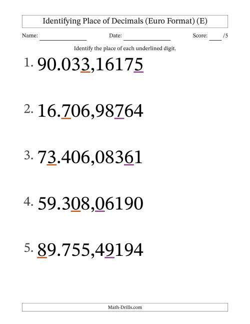 The Euro Format Identifying Place of Decimal Numbers from Hundred Thousandths to Ten Thousands (Large Print) (E) Math Worksheet