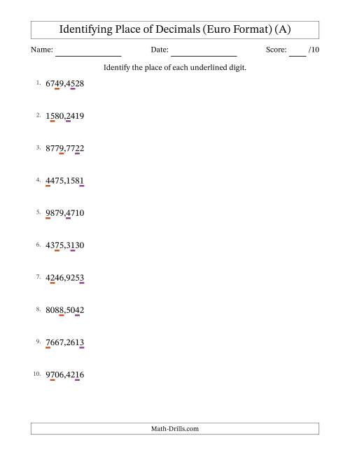 The Euro Format Identifying Place of Decimal Numbers from Ten Thousandths to Thousands (A) Math Worksheet