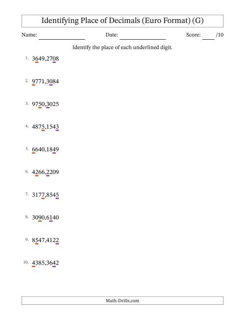 The Euro Format Identifying Place of Decimal Numbers from Ten Thousandths to Thousands (G) Math Worksheet