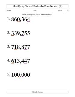 Euro Format Identifying Place of Decimal Numbers from Thousandths to Hundreds (Large Print)