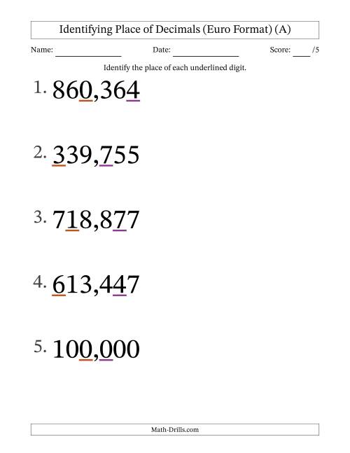 The Euro Format Identifying Place of Decimal Numbers from Thousandths to Hundreds (Large Print) (A) Math Worksheet