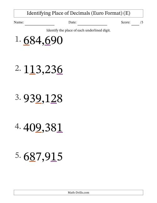 The Euro Format Identifying Place of Decimal Numbers from Thousandths to Hundreds (Large Print) (E) Math Worksheet