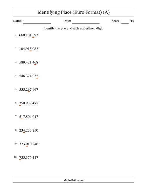 The Euro Format Identifying Place from Ones to Hundred Millions (A) Math Worksheet