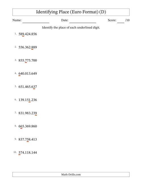 The Euro Format Identifying Place from Ones to Hundred Millions (D) Math Worksheet