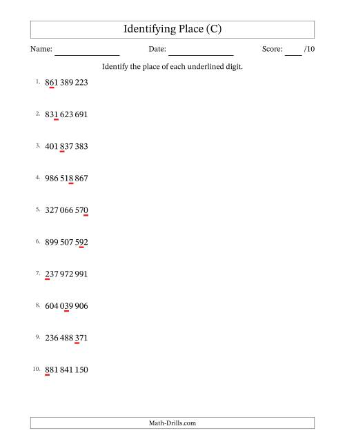 The SI Format Identifying Place from Ones to Hundred Millions (C) Math Worksheet