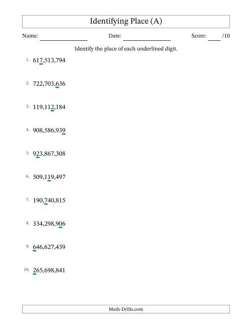 The Identifying Place from Ones to Hundred Millions (A) Math Worksheet
