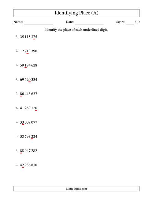 The SI Format Identifying Place from Ones to Ten Millions (A) Math Worksheet