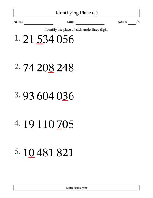 The SI Format Identifying Place from Ones to Ten Millions (Large Print) (J) Math Worksheet