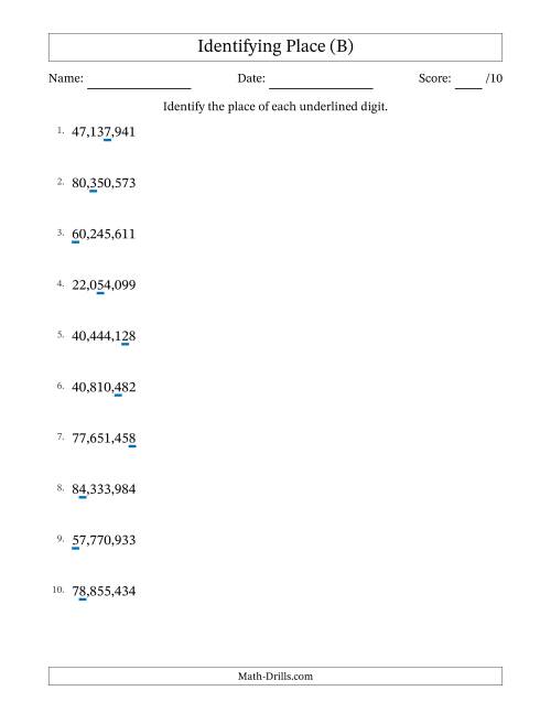 The Identifying Place from Ones to Ten Millions (B) Math Worksheet
