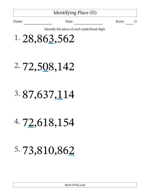 The Identifying Place from Ones to Ten Millions (Large Print) (D) Math Worksheet